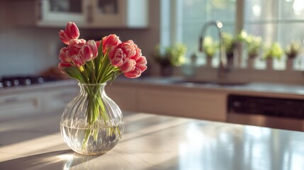 Elegant bouquet of pink tulips in a clear vase sitting on a kitchen countertop with natural light illuminating the serene interior space