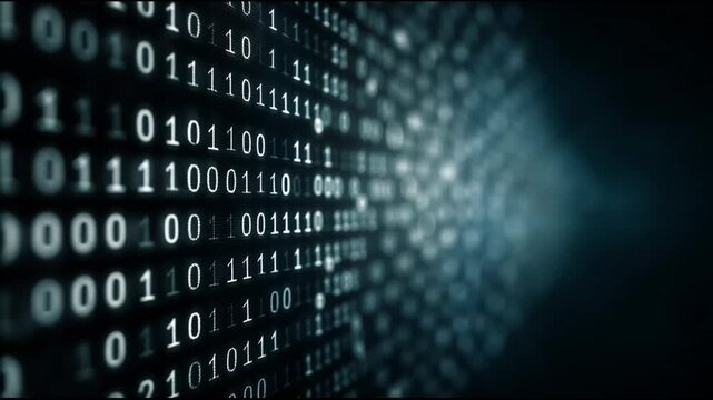 Futuristic technology background with streaming binary code on digital computer screen showing complex data for programming and cybersecurity