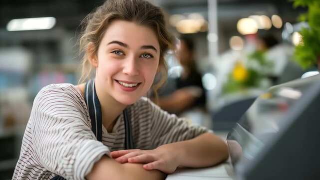 A cheerful young woman in an apron works in a modern printing house her smile bright machines and posters surrounding her light reflecting off her tools printing house portrait