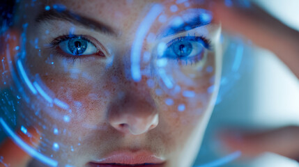 Close-up of a person?s face with blue digital futuristic holograms overlay representing advanced technology and innovation concepts in a high-tech environment