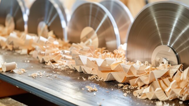 Captivating close-up of wood shavings cascading from industrial cutting blades, showcasing precision woodworking and raw material transformation. - Powered by Adobe