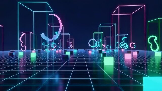 A Futuristic Neon Digital Landscape Filled with Geometric Shapes and Colorful Light Patterns, Creating an Immersive Virtual Experience