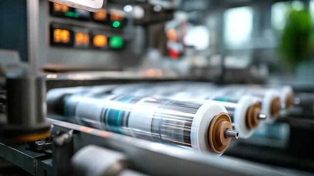 Selective focus on a modern flexographic printing press rolls of flexible material threaded through cylinders ink trays glistening control panel with digital displays the machi