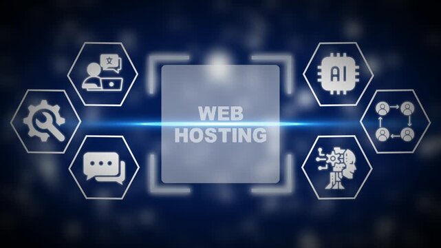 Web Hosting concept with AI and network icons on a dark blue bokeh background Keywords: Web Hosting, server, data center, cloud, network, AI, Artificial Intelligence, connection, technology - Powered by Adobe