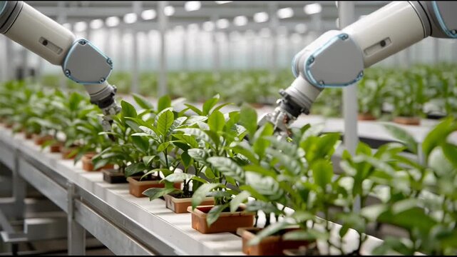 Smart robotic arm with gentle precision caring for green plant inside an automated farm, concept for future agriculture technology
