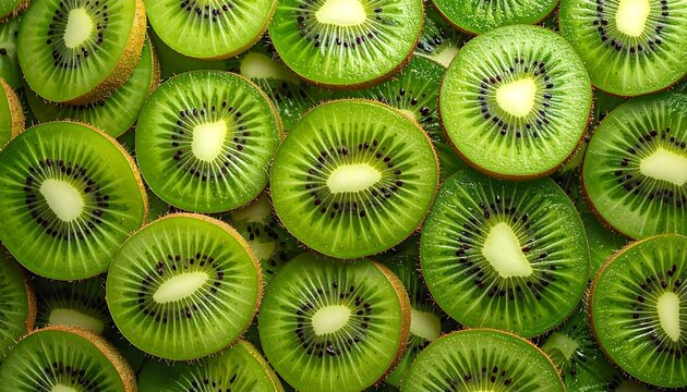 An overhead shot of numerous kiwi slices arranged closely together. The vibrant green fruit shows its speckled interior. Some have seeds