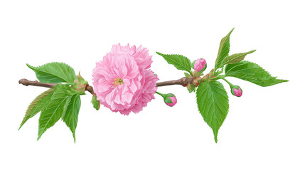 Fototapeta premium Pink cherry blossom flower with green leaves and buds on branch, detailed botanical illustration, spring floral design, fresh and vibrant nature element