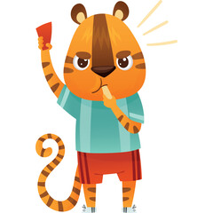 Whimsical Cartoon Tiger Referee Holding Red Card and Whistle In Mouth Wearing Striped Shirt and Shorts With White Shoes And Transparent Background