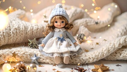 A cute doll wearing winter clothes sitting amongst decorations