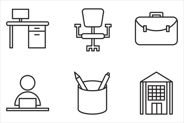  icons set related to workspace. Linear icon collection. Editable stroke. Vector illustration