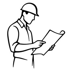 Construction worker examining blueprint while wearing hard hat  