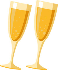 Close-up of two champagne flutes filled with golden drink, isolated on white background, clean vector white background