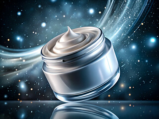 Luxurious Cream Jar with Cosmic Background, Elegant Skincare Product Ad