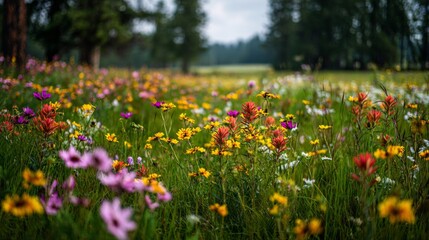 Vibrant Wildflower Meadow Blooms Under Soft Cloudy Sky, Showcasing Colorful Petals in a Lush Green Landscape of Serenity and Natural Beauty
