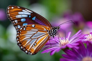 Fototapeta premium Butterfly with orange and blue wings on purple flower