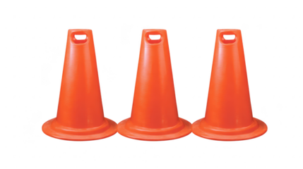 Three orange traffic cones stand upright in row, commonly used for road safety, construction, and crowd control, symbolizing caution and order