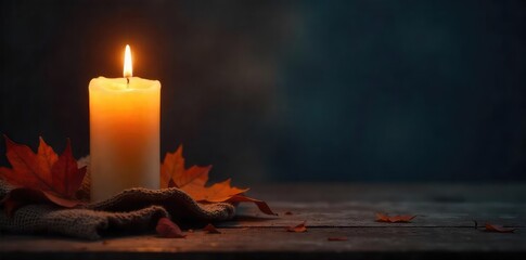 A single, flickering candle casts a warm glow against a dark November background Perfect for autumnal, Thanksgiving, or Remembrance Day themes Cozy and atmospheric mood , hygge, november