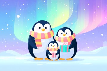 Fototapeta premium Cute penguin family with gifts under the colorful aurora borealis