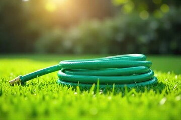 A single garden hose, coiled neatly on a lush green lawn, ready for watering Sunlight gently illuminates the vibrant green hose against the backdrop of a well-kept yard , lawn, hose