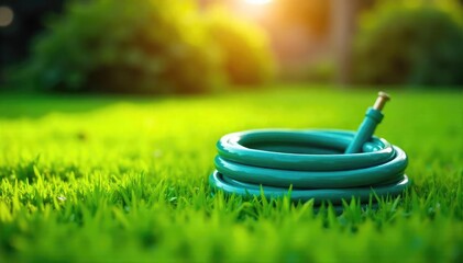 A single garden hose, coiled neatly on a lush green lawn, ready for watering  Sunlight illuminates the vibrant green of the grass and the hose's bright color ,  sunny,  green grass