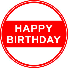 Red color round seal sticker in word happy birthday on white background