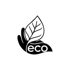 Eco leaf hand icon representing environment, nature, sustainability, and organic products in a simple design