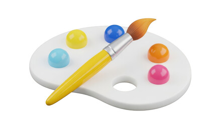 White artist palette with colorful paint blobs and brush isolated on a transparent background