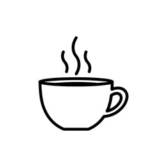Simple black and white line drawing of a coffee cup with steam for beverage concepts