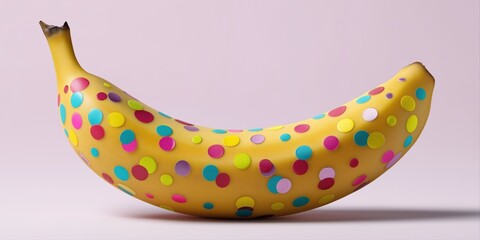 Colorful polka dot decorated banana on pastel pink background