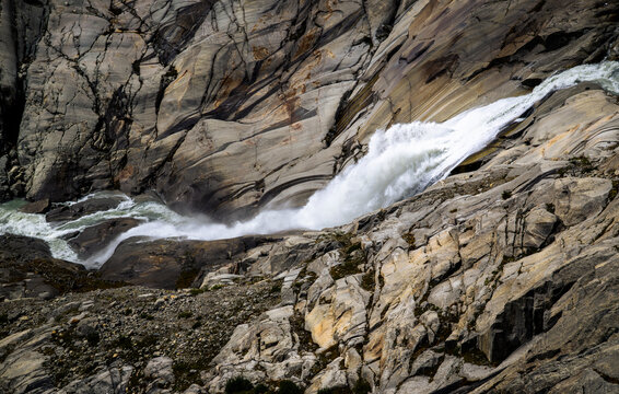 the spring and source of the river Rhone, high up in the swiss mountains suppling the iconic river going through Switzerland and France into the mediterranean  sea 