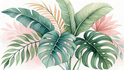 Watercolor Tropical Leaves Illustration in Green and Pink, Lush Botanical Art Composition