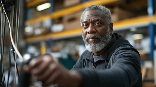 A mature African American man uses a hoist controller to lift paper stacks in a print shop warehouse cables taut shelves lined with materials the whir of the motor echoing
