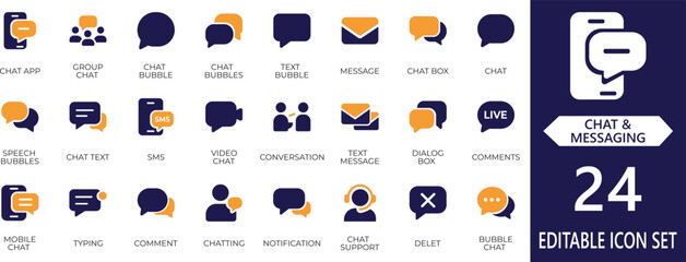 A modern collection of 24 clean vector icons representing chat, communication, and messaging tools. Perfect for UI design, social media, and mobile app development projects.