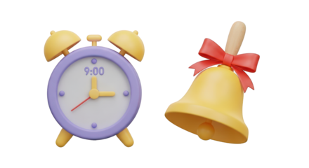 Yellow alarm clock and bell with red bow isolated on a transparent background