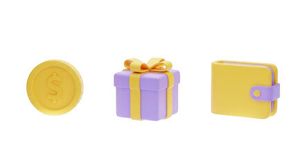 Yellow coin purple gift box yellow wallet isolated on a transparent background money dollar
