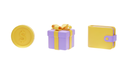 Yellow coin purple gift box yellow wallet isolated on a transparent background money dollar