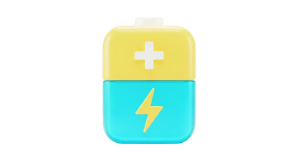 Yellow and Cyan Battery Icon with Plus and Lightning isolated on a transparent background power