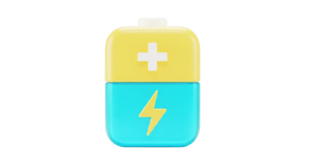 Yellow and Cyan Battery Icon with Plus and Lightning isolated on a transparent background power