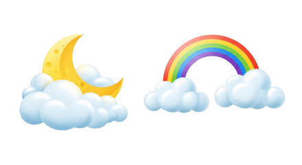 Yellow crescent moon and rainbow over clouds isolated on a transparent background yellow moon