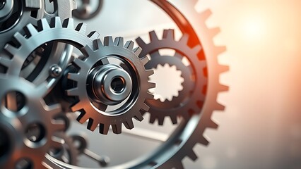 An abstract background of interlocking metallic mechanical gears, symbolizing business optimization.