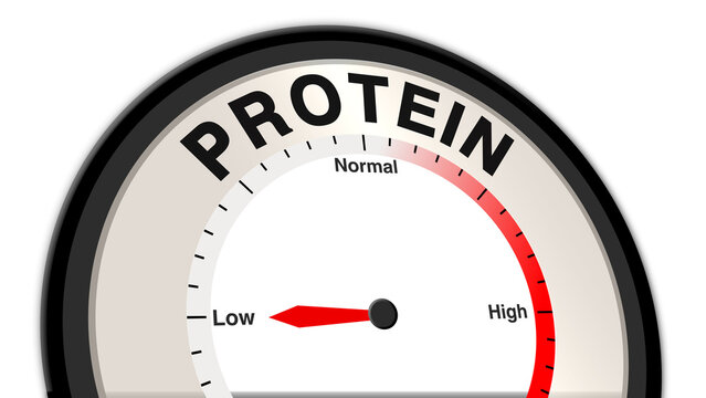 Protein at low levels, shown on a barometer or tachometer, illustrating insufficient nutrient presence, reduced muscle repair and growth, and potential health impact needing dietary attention