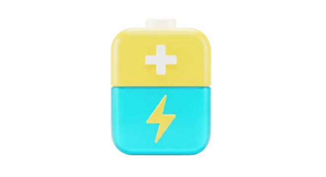 Yellow and Cyan Battery Icon with Plus and Lightning isolated on a transparent background power