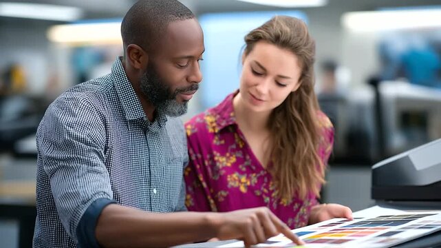 A Black man and a young woman examine a test printout under a color calibration light pointing at shades and graphics ink samples and swatches on the table the room buzzing with
