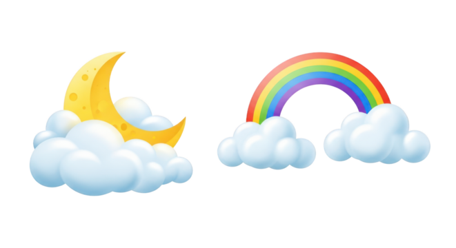 Yellow crescent moon and rainbow over clouds isolated on a transparent background yellow moon - Powered by Adobe