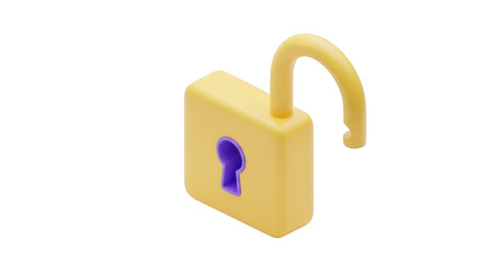 Yellow padlock with open shackle and purple keyhole isolated on a transparent background unlocked