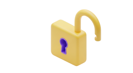 Yellow padlock with open shackle and purple keyhole isolated on a transparent background unlocked