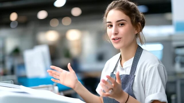 A cheerful young woman in an apron works in a modern printing house her smile bright machines and posters surrounding her light reflecting off her tools printing house portrait