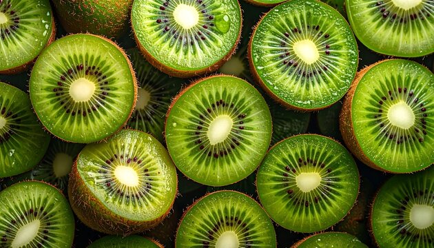 An overhead shot showcasing a vibrant collection of halved kiwifruit, each revealing the juicy, green flesh & tiny black seeds - Powered by Adobe