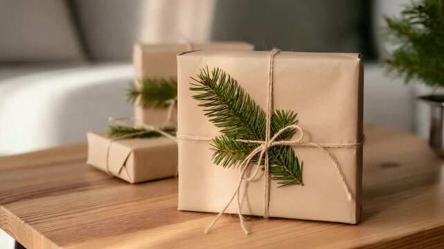 Handmade Christmas presents wrapped in kraft paper with twine and pine branches, placed on a wooden table. Natural eco-friendly gift wrapping. Simple and warm.