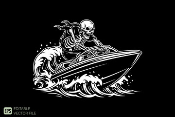 Skull driving a speed boat on the ocean waves.